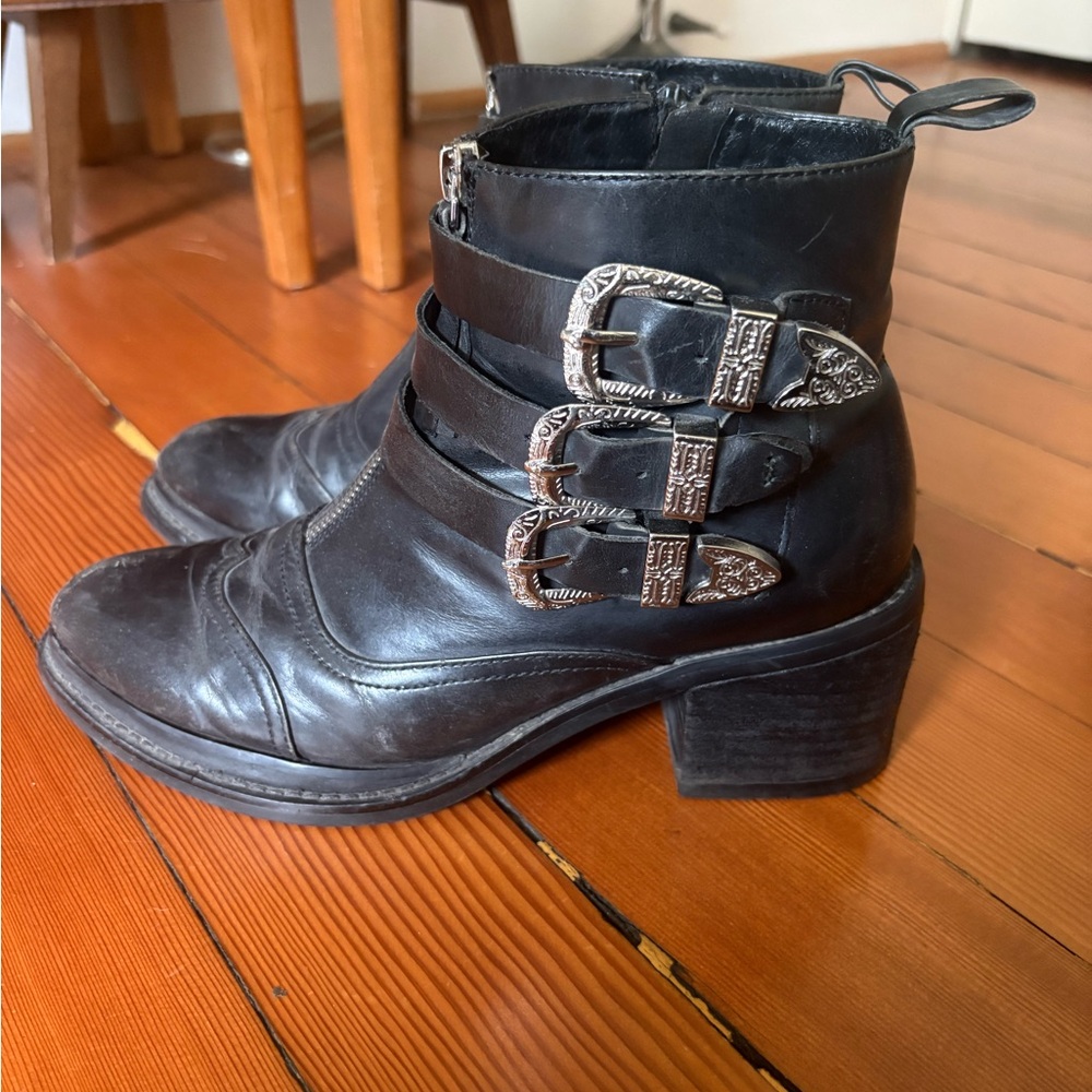 Jeffrey Campbell Black Leather Ankle Boots with Triple Western Buckles